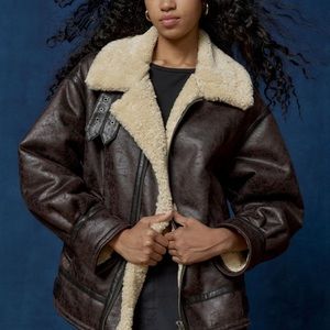 Vegan leather oversized shearling aviator jacket
